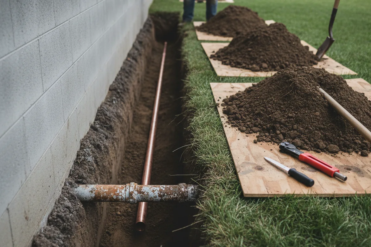 Excavated water line trench during Water Heater Repair in Schriever